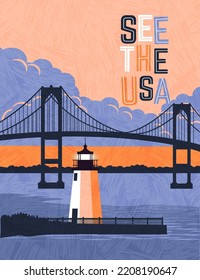 Retro style travel poster design for the United States. Suspension Bridge at sunset with lighthouse on the bay. Limited colors, no gradients, texture overlay. Vector illustration.