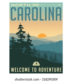 Retro style travel poster or sticker. United States, North Carolina, Great Smoky Mountains