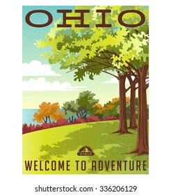 Retro Style Travel Poster Or Sticker. United States, Ohio Landscape