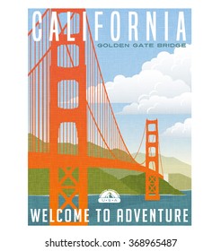 Retro Style Travel Poster Or Sticker. United States, California, Golden Gate Bridge