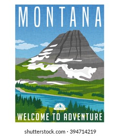 Retro style travel poster or sticker. Bearhat Mountain and Hidden Lake, Montana USA