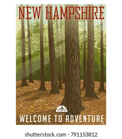 Retro style travel poster or sticker. United States, New Hampshire. Deep forest with sunlight filtering through.