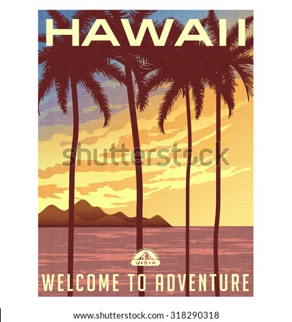 Retro style travel poster or sticker. United States, Hawaii sunset and palm trees.