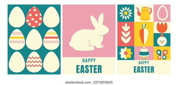 Retro style trendy Easter poster in minimalist style. Bauhaus. Geometric easter eggs, bunny, flowers, carrots.  Banner, postcard, template for social media. Rabbit. Figures and elements. Typography. 