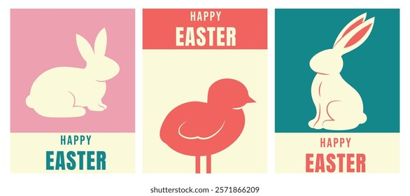 Retro style trendy Easter poster in minimalist style. Geometric style. Chicken, bunny, rabbit. Banner, postcard, template for social media. Vintage shape and elements. Typography. 