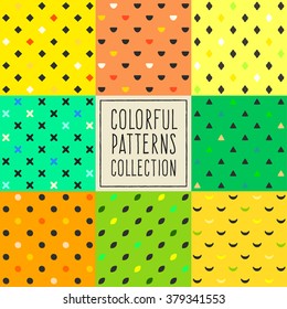 Retro style trendy seamless pattern set. Colorful  texture design collection. Fruity background pack, simple shapes cute backdrop. Textile repeating print, EPS10 vector.