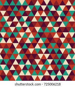 Retro style triangle mosaic repeating seamless pattern in vector. Colors of maroon, cream,beige, red, and teal