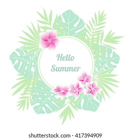 Retro style tropical frame with exotic flowers and leaves. Vector illustration . Invitation or greeting card design , poster,  flyer, t-shirt, apparel design.