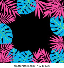 Retro style tropical frame with exotic leaves. Floral design background . Vector illustration