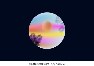 Retro style tropical sunset with palm silhouette and gradient background. Classic 80s design vector illustration. Vector retro poster for your design.