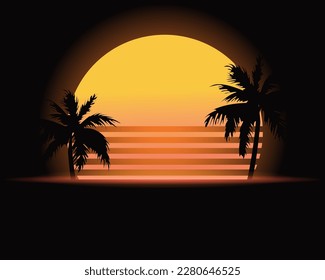 Retro style tropical sunset with palm tree silhouette and gradient background. Classic 80s design vector illustration.