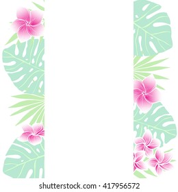 Retro style tropical  vertical frame with exotic flowers and leaves. Floral design background . Vector illustration