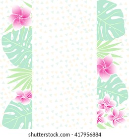 Retro style tropical  vertical frame with exotic flowers and leaves. Floral design background . Vector illustration