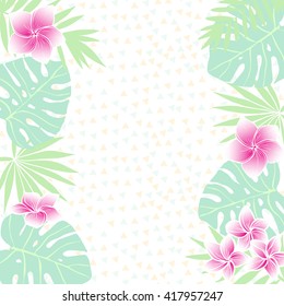 Retro style tropical  vertical frame with exotic flowers and leaves. Floral design background . Vector illustration