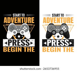 Retro style T-shirt vector design featuring a gaming controller with the phrase “Press Begin the Adventure”. Perfect for gamers and game lovers.