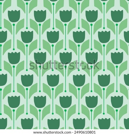 Retro style tulips and leaf decoration seamless pattern. This 70's nostalgic retro style tulips pattern was created to be used as a retro packaging and fabric pattern and mid century background