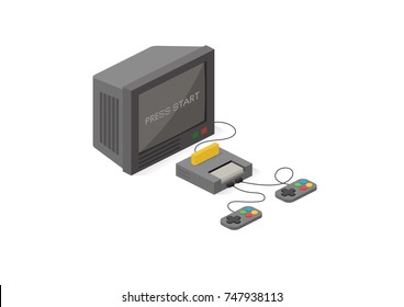 Retro style TV and Game Console. Game concept. Isometric view. Vector flat illustration.