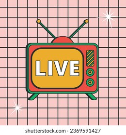 Retro style TV with live text, online broadcast. Playful and fun, trendy 80s and 90s cartoon style.