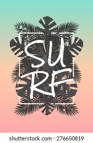 Retro style typographic design and black and white palm tree leaves exotic summer composition. Pastel blue, orange and pink ombre background. Modern poster, card, flyer, t-shirt, apparel design.