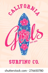 Retro style typographic design and a floral decoration surfboard. Pink hibiscus flowers and blue palm leaves surfboard design. Modern poster, card, flyer, t-shirt, apparel design.