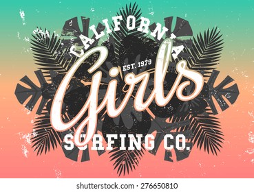 Retro style typographic design on a mirrored composition of black and white palm tree leaves. Bright blue, orange and pink ombre background. Modern poster, card, flyer, t-shirt, apparel design.