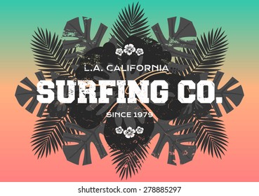 Retro style typographic design on a mirrored composition of black and white palm tree leaves. Bright blue, orange and pink ombre background. Modern poster, card, flyer, t-shirt, apparel design.