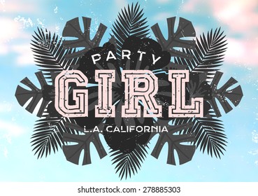 Retro style typographic design on a mirrored composition of black and white palm tree leaves. Bright blue blurred sky background. Modern poster, card, flyer, t-shirt. EPS10 file, gradient mesh used.