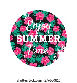 Retro style typographic design with pink hibiscus flowers and green palm leaves on black background. Enjoy Summer Time vintage text design.
