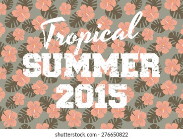 Retro style typographic design with pink hibiscus flowers and green palm leaves on gray background.