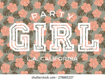Retro style typographic design with pink hibiscus flowers and green palm leaves on gray background.