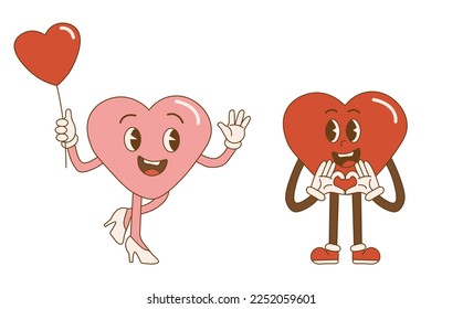 Retro style Valentine's day. Groovy retro hearts. Hippie happy heart in retro cartoon style.Valentines Day. Vintage heart. Vector illustration