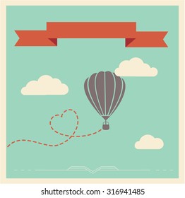 Retro style vector card with aerostat flying in the clouds