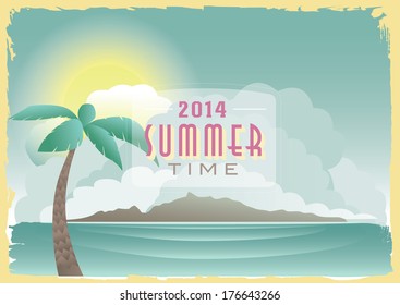 retro  style vector drawing summer scene with island sun and palm tree