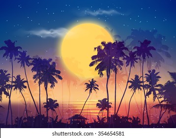 Retro style vector full moon sky with palm silhouettes