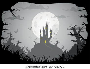 Retro Style Vector Halloween Background with castle on hill with strange forest at night