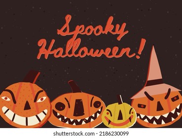 Retro style vector Halloween greeting card design. Creepy Jack-o-lantern pumpkins with scary smiles, horned ghosts and fly agaric. Spooky Halloween text.