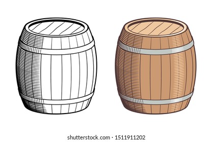 Retro style vector illustration of barrels. Black and white and colored version