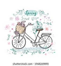 Retro style vector illustration with bicycle and basket with flowers, romantic style