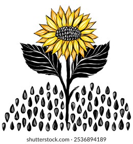 Retro style vector illustration with blooming sunflower surrounded by seeds