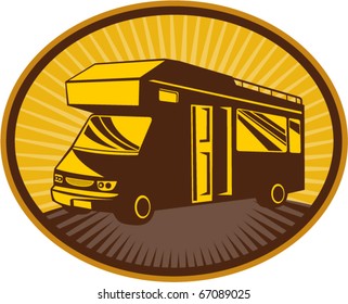 retro style vector illustration of a Camper van,caravan or mobile home with sunburst in background set inside an ellipse