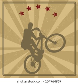 Retro style vector illustration of a Cyclist with a banner and stars