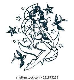 A retro style vector illustration of hand drawn vintage tattoo ink pin-up girl in nautical sailor suit sitting on a large oversized anchor while surrounded by swallow birds and stars.