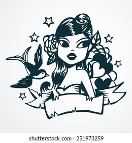 A retro style vector illustration of hand drawn vintage tattoo ink pin-up girl with swallow bird, flowers and other decorative elements.