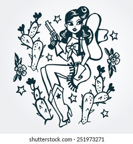 A retro style vector illustration of hand drawn vintage tattoo ink pin-up girl in cow girl suit holding a pistol and sitting while surrounded by cactus, flowers and stars.