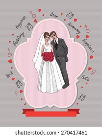 Retro style vector illustration of old wedding photos in the family album. Bride in wedding dress holding a bouquet. The groom wore a tuxedo with a tie. Vintage style with grunge effect