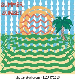 Retro style vector illustration of sunset at the beach