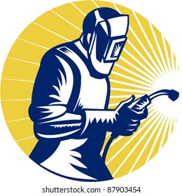 retro style vector illustration of a welder at work with torch viewed from side set inside circle