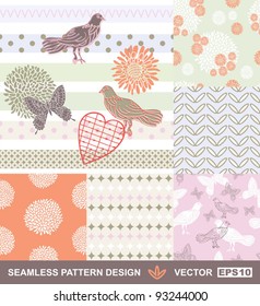 Retro style vector seamless fabric, pattern, wallpaper, wrapping and background set with bird, butterfly, flower, heart and geometric ornaments - summer theme for decoration and design