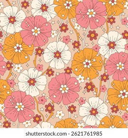 Retro style vector seamless pattern. Artistic floral background. Nostalgic vintage groovy allover print. Decorative fabric and surface pattern design with hand drawn simple flowers.