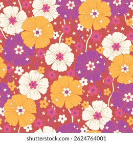 Retro style vector seamless pattern. Artistic floral background. Nostalgic vintage groovy allover print. Decorative fabric and surface pattern design with hand drawn simple flowers.